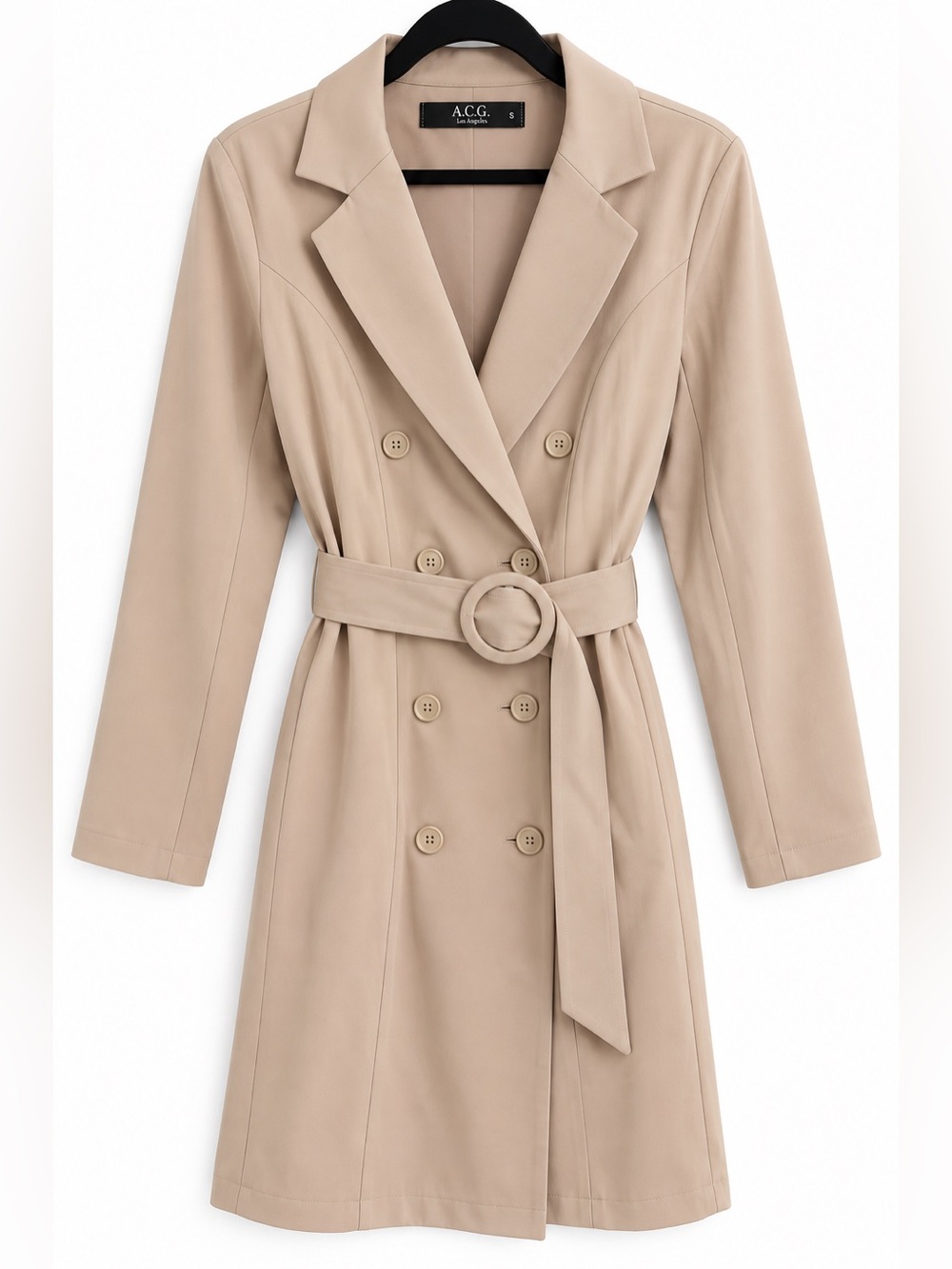 A.C.G. Los Angeles Beige Belted Double Breasted Trench Coat Small
